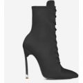 Athena Skinny Heel Lace Up Ankle Boot In Black Lycra, Black
