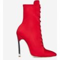 Athena Skinny Heel Lace Up Ankle Boot In Red Lycra, Red