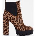 Atlas Platform Biker Boot In Tan Leopard Print Faux Suede, Brown