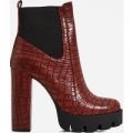 Atlas Platform Biker Boot I Burgundy Croc Print Faux Leather, Red