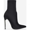 Ava Skinny Heel Pointed Toe Sock Boot In Black Lycra, Black