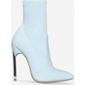Ava Skinny Heel Pointed Toe Sock Boot In Pastel Blue Lycra, Blue