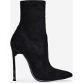 Ava Skinny Heel Pointed Toe Sock Boot In Black Faux Suede, Black
