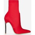Ava Skinny Heel Pointed Toe Sock Boot In Red Lycra, Red