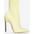 Ava Skinny Heel Pointed Toe Sock Boot In Lemon Yellow Lycra, Yellow