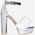 Avril White Faux Fur Platform Heel In Metallic Silver Faux Leather, Silver