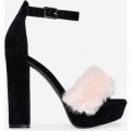 Avril Pink Faux Fur Platform Heel In Black Faux Suede, Black