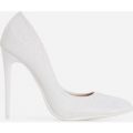 Mira Court Heel In Metallic White Fabric, White