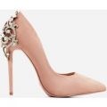 Aries Jewel Embellished Court Heel In Blush Pink Faux Suede, Pink