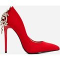 Aries Jewel Embellished Court Heel In Red Faux Suede, Red