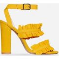 Bailey Double Frill Block Heel In Yellow Faux Suede, Yellow