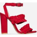 Bailey Double Frill Block Heel In Coral Faux Suede, Red