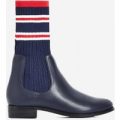 Barton Knitted Ankle Sock Boot In Navy Faux Leather, Blue