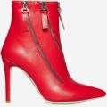 Belfry Triple Zip Detail Ankle Boot In Red Faux Leather, Red