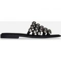 Hazel Studded Slider In Black Faux Suede, Black