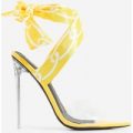 Bibi Printed Ribbon Lace Up Perspex Heel In Yellow Patent, Yellow