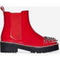 Blade Studded Detail Biker Boot In Red Patent, Red