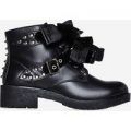 Scarlett Bow Studded Detail Biker Boot In Black Faux Leather, Black