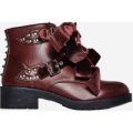 Scarlett Bow Studded Detail Biker Boot In Maroon Faux Leather, Red
