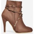 Naomi Studded Detail Ankle Boot In Mocha Faux Suede, Brown