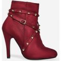 Naomi Studded Detail Ankle Boot In Burgundy Faux Suede, Red