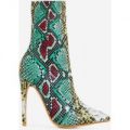Boa Ankle Sock Boot In Multi Snake Print Faux Leather, Green
