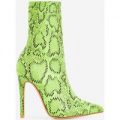 Boa Ankle Sock Boot In Neon Green Snake Print Faux Leather, Green