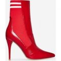 Bobbie Striped Knitted Sock Boot In Red Faux Leather, Red
