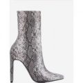 Boomslang Flat Heel Ankle Boot In Grey Snake Print Faux Leather, Grey