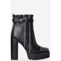 Brody Zip And Studded Detail Platfrom Biker Boot In Black Faux Leather, Black