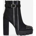 Brody Zip And Studded Detail Platfrom Biker Boot In Black Faux Suede, Black