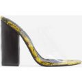 Brooke Patent Block Heel Perspex Peep Toe Mule In Yellow Snake Print Faux Leather, Black