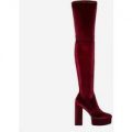 Brutal Platform Thigh High Long Boot In Maroon Velvet, Red