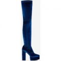 Brutal Platform Thigh High Long Boot In Navy Velvet, Blue