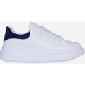 Jesus Trainer With Blue Patent Heel Tab In White Faux Leather, White