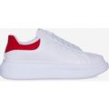 Jesus Trainer With Red Patent Heel Tab In White Faux Leather, White