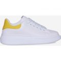 Jesus Trainer With Yellow Patent Heel Tab In White Faux Leather, White