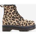 Adler Chunky Sole Lace Up Ankle Biker Boot In Tan Leopard Poly Hair, Brown