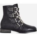 Caleb Studded Buckle Detail Ankle Biker Boot In Black Faux Leather, Black