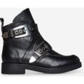Veyron Buckle Detail Biker Boot In Black Faux Leather, Black
