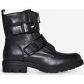 Mateo Buckle Detail Biker Boot In Black Faux Leather, Black