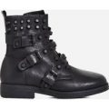 Marc Studded Buckle Detail Ankle Biker Boot In Black Faux Leather, Black