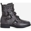 Marc Studded Buckle Detail Ankle Biker Boot In Grey Faux Leather, Grey
