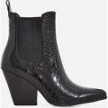 Camille Western Ankle Boot In Black Croc Print Faux Leather, Black