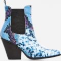 Camille Western Ankle Boot In Blue Snake Print Faux Leather, Blue