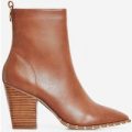 Candice Studded Detail Block Heel Ankle Boot In Tan Faux Leather, Brown