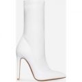 Carson Pointed Toe Sock Boot In White Faux Leather, White