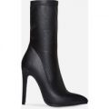 Carson Pointed Toe Sock Boot In Black Faux Leather, Black