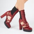 Carter Cut Out Lace Up Ankle Boot In Burgundy Croc Faux Leather, Red