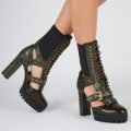 Carter Cut Out Lace Up Ankle Boot In Khaki Croc Faux Leather, Green
